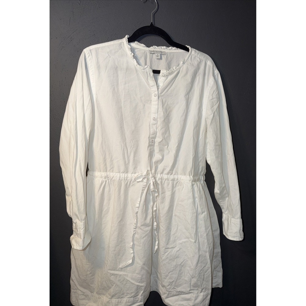 Free Assembly Shirt Dress Ruffle Neck‎ L White Cotton Mini Casual Classic
